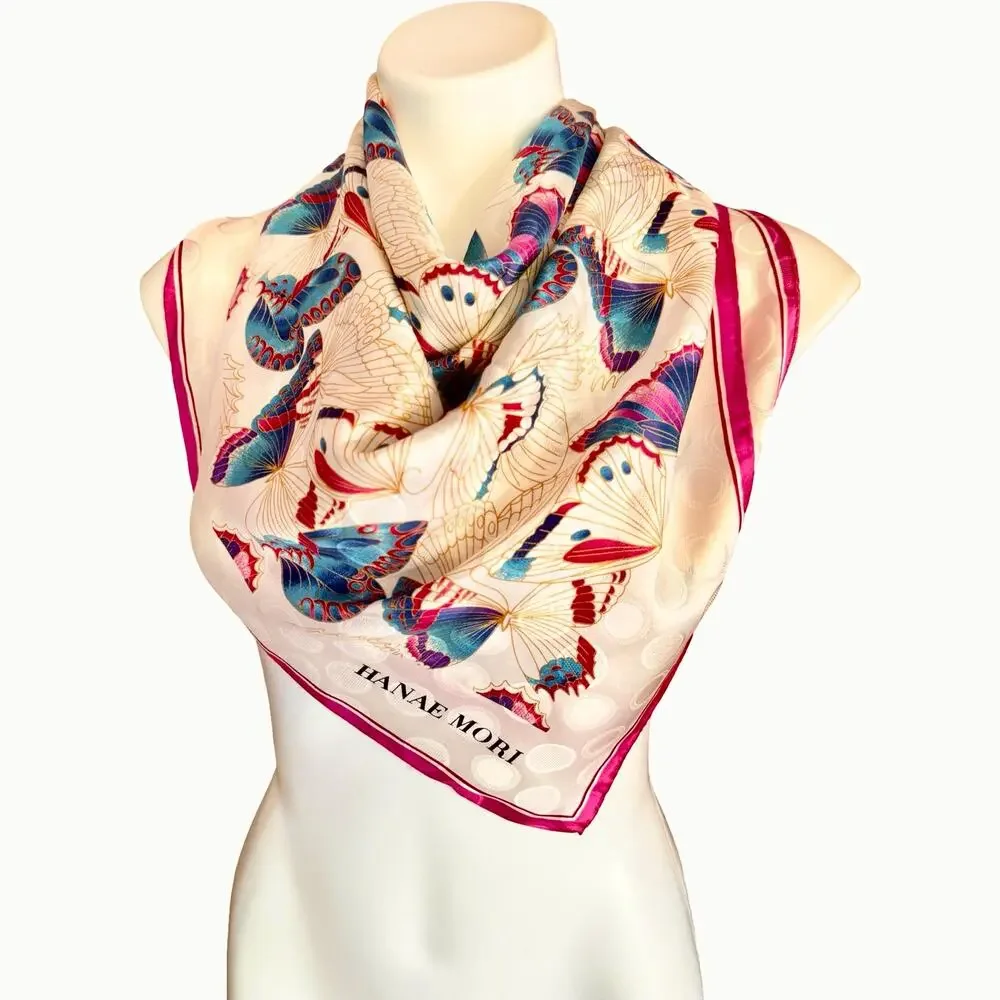 Hanae Mori Butterfly Silk Scarf 35x35 Signature Print 1970s Japan Hand Rolled
